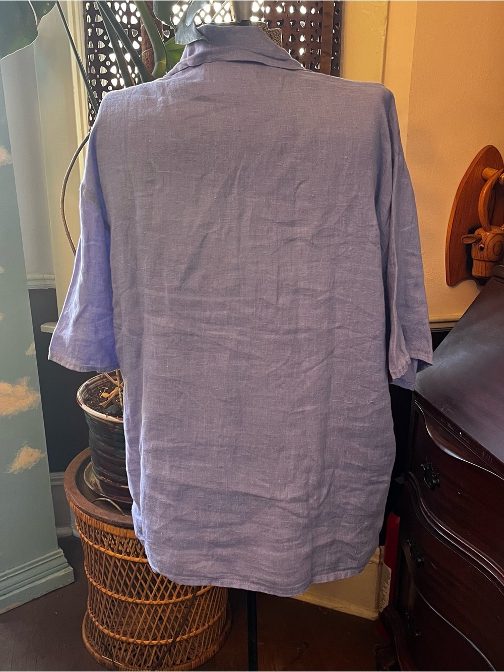 Flax Blue Linen Short-Sleeve Button-Down Shirt with Chest Pocket - Picture 3 of 6